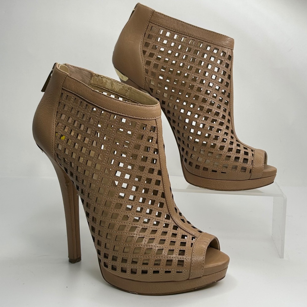 MICHAEL KORS Graham Peep Toe Stiletto Booties Cage style Brown Womens Sz 9 ST16K